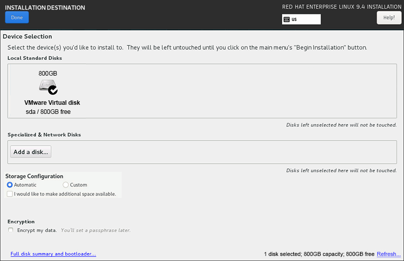Installation Destination Screen