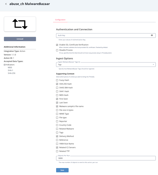 abuse.ch MalwareBazaar Configuration Screen