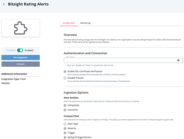 Bitsight Rating Alerts Configuration Screen