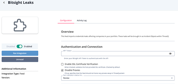 Bitsight Leaks Configuration Screen