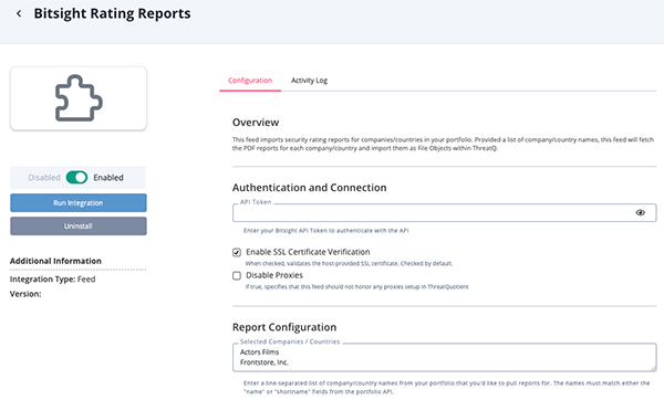 Bitsight Rating Reports Configuration Screen