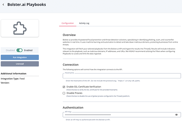 Bolster.ai Configuration Screen