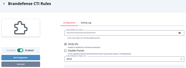 Brandefense CTI Configuration Screen