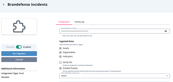 Brandefense Incidents Configuration Screen