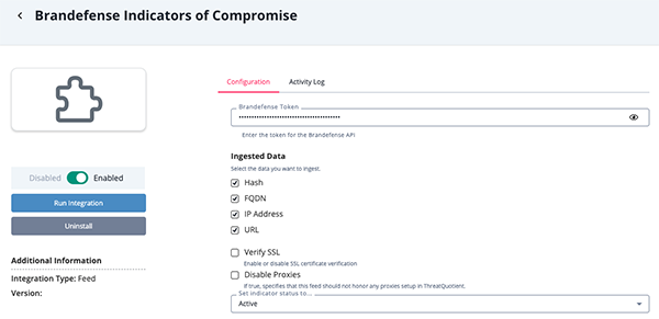 Brandefense Indicators of Compromise Configuration Screen