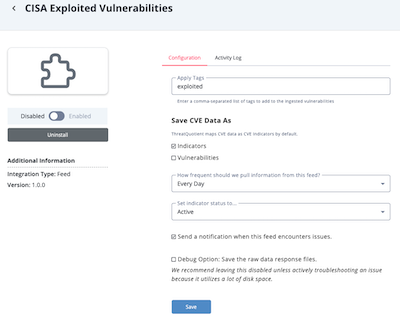 CISA Configuration Screen