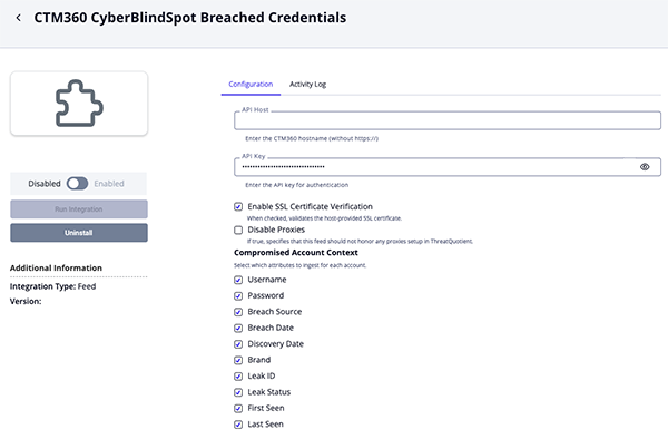 Breached Credentials Configuration Screen