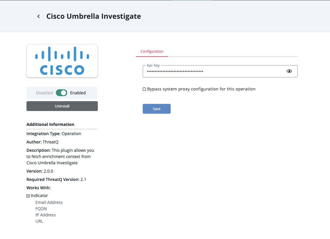 Cisco Umbrella Investigate Configuration Screen