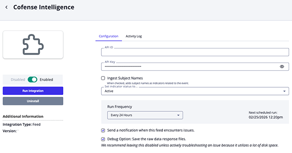 Cofense Intelligence Configuration Parameters
