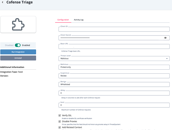 configuration screen