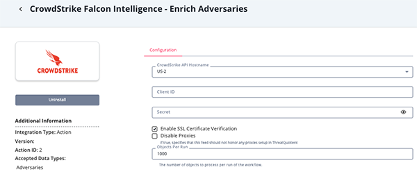 CrowdStrike Enrich Adversaries Action Configuration Screen
