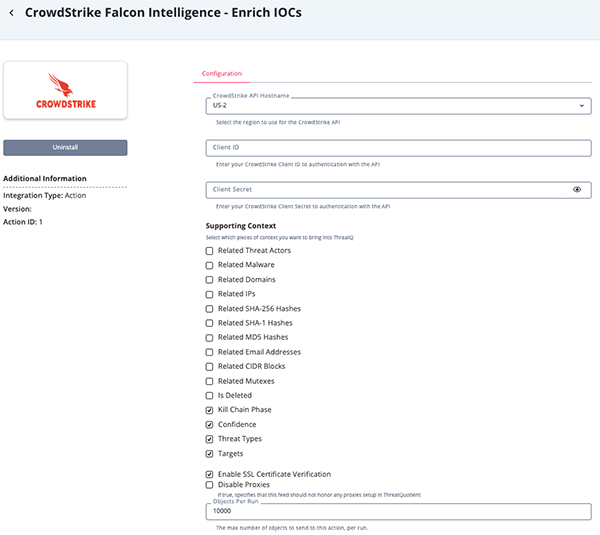 CrowdStrike Enrich IOCs Action Configuration Screen