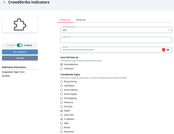 Indicators Configuration Screen