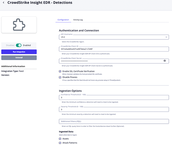 Detections Configuration Screen