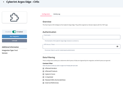 CVE Configuration Screen