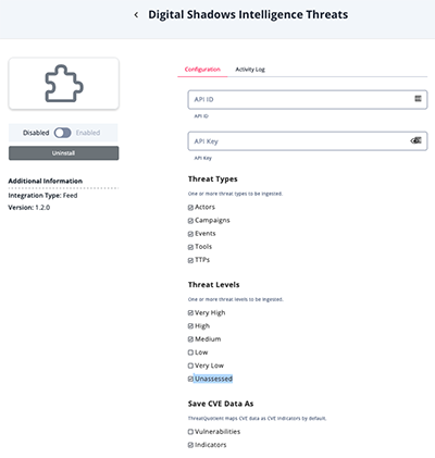 Digital Shadows Configuration Page