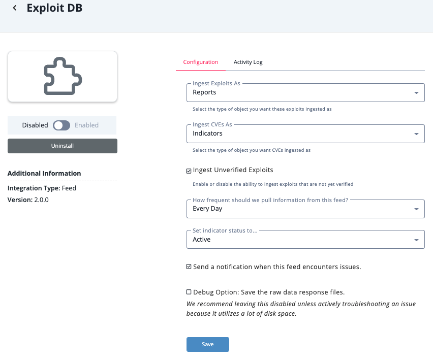 Exploit DB Configuration Screen