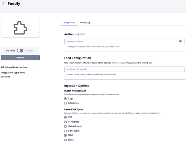 Feedly Configuration Screen