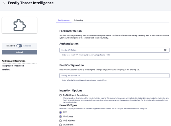 Feedly Threat Intelligence Configuration Screen