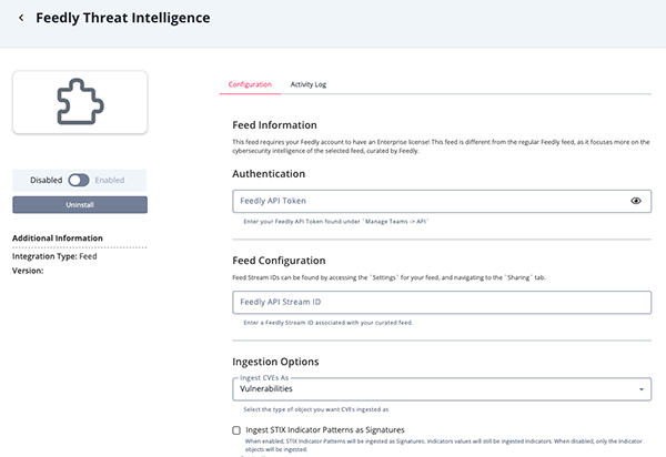 Feedly Threat Intelligence Configuration Screen