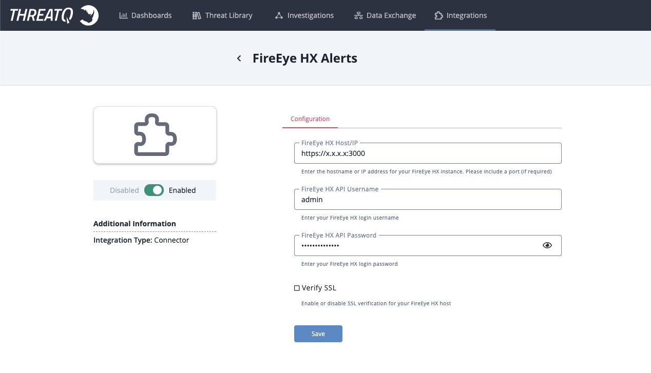 FireEye HX Alerts Configuration Screen
