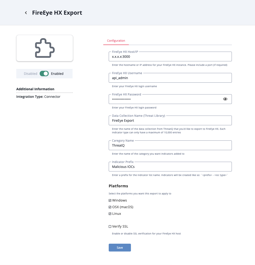 FireEye HX Export Configuration Screen