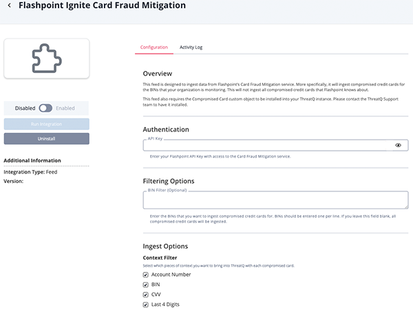 Flashpoint Card Fraud Configuration Screen