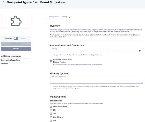 Flashpoint Card Fraud Configuration Screen
