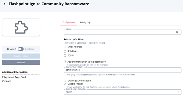 Flashpoint Ransomware Configuration Screen