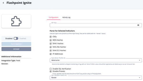 Flashpoint Ignite Configuration Screen