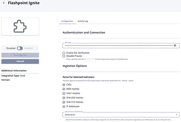 Flashpoint Ignite Configuration Screen