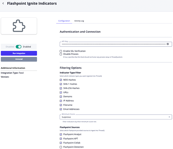 Flashpoint Indicators Configuration Screen