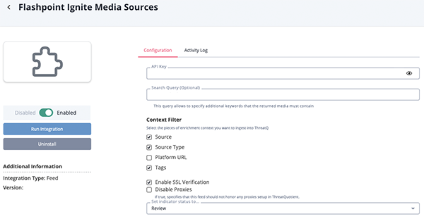 Flashpoint Media Sources Configuration Screen