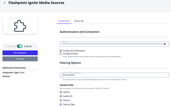 Flashpoint Media Sources Configuration Screen
