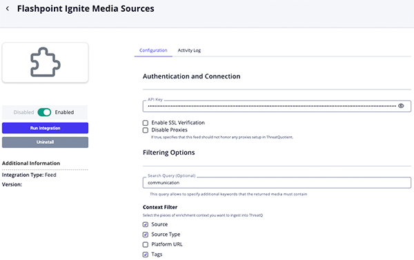 Flashpoint Media Sources Configuration Screen