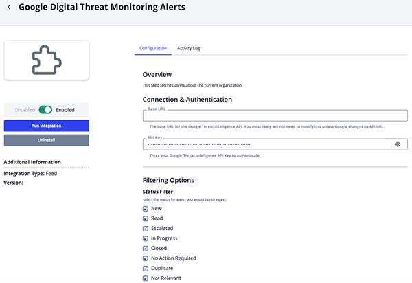 Google Digital Threat Monitoring Alerts Configuration Screen