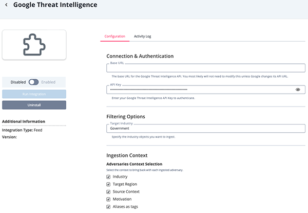 Threat Intelligence Configuration Screen