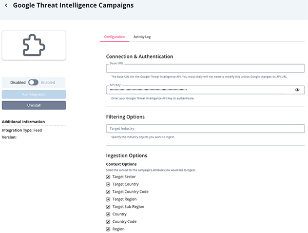 Google TI Campaigns Configuration Screen