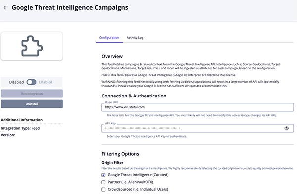 Google TI Campaigns Configuration Screen