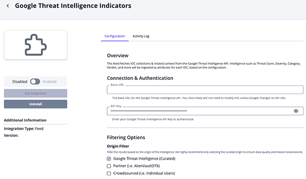 Google TI Indicators Configuration Screen