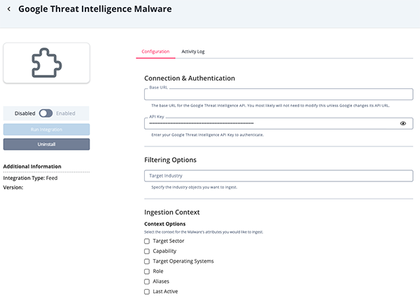 Threat Intelligence Malware Configuration Screen