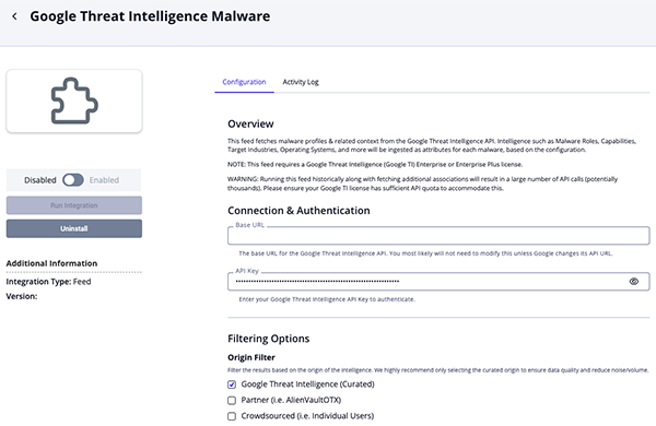 Threat Intelligence Malware Configuration Screen