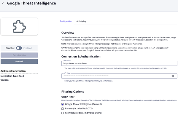 Threat Intelligence Configuration Screen