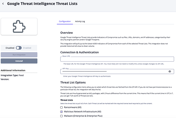 Threat Intelligence Threat ListsConfiguration Screen