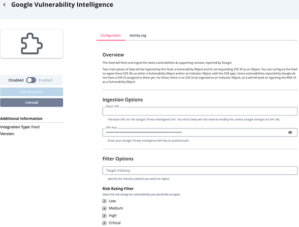 Google Vulnerability Intelligence Configuration Screen