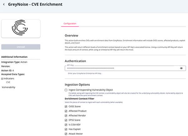 CVE Enrichment Configuration Screen