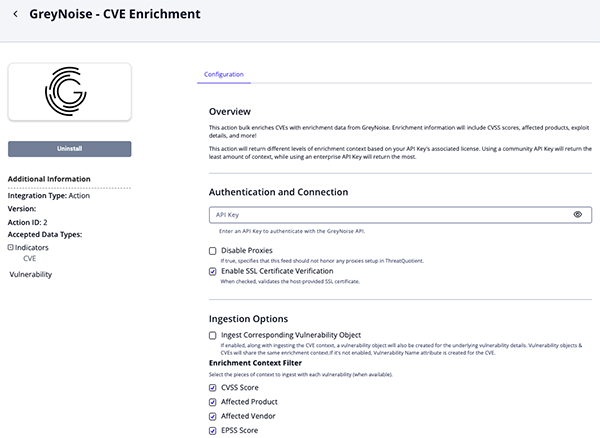 CVE Enrichment Configuration Screen