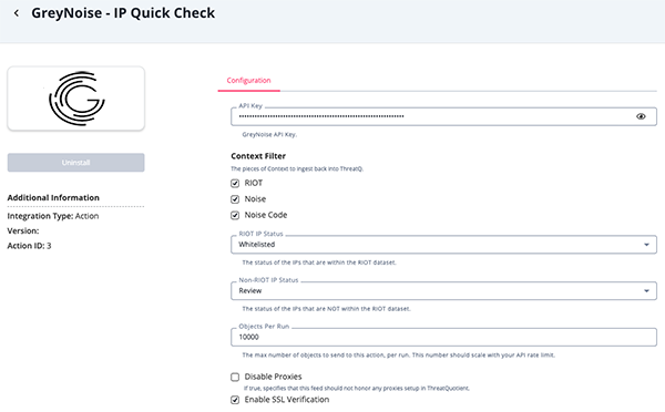 IP Quick Check Configuration Screen