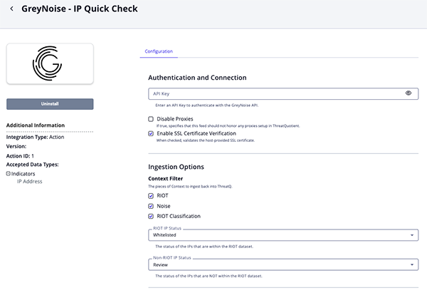 IP Quick Check Configuration Screen