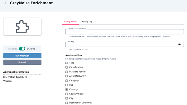 GreyNoise Enrichment Configuration Screen